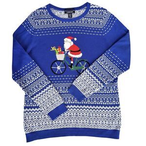 Lands‎ End Santa Riding Bike Blue Christmas Sweater Sz PM Cotton